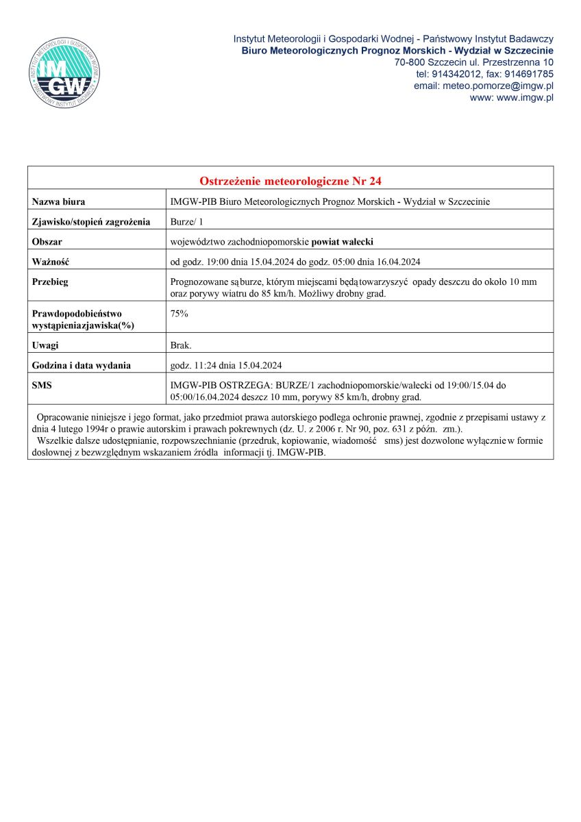 Zdjęcie: Ostrzeżenie meteorologiczne Nr 24 - burze